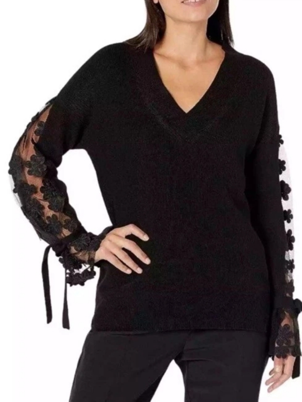 French Connection Black V-Neck Cotton Sweater Lace Floral Sleeves & Ties  Medium